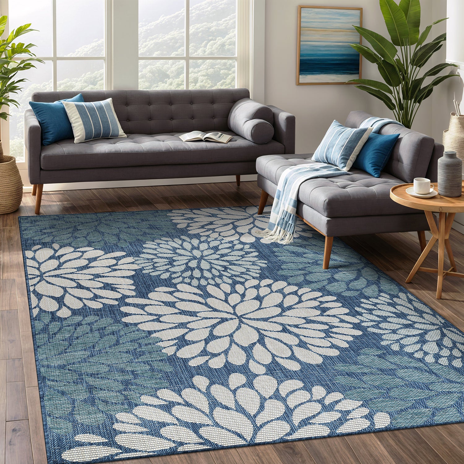 California Blue Floral Indoor Outdoor Rug