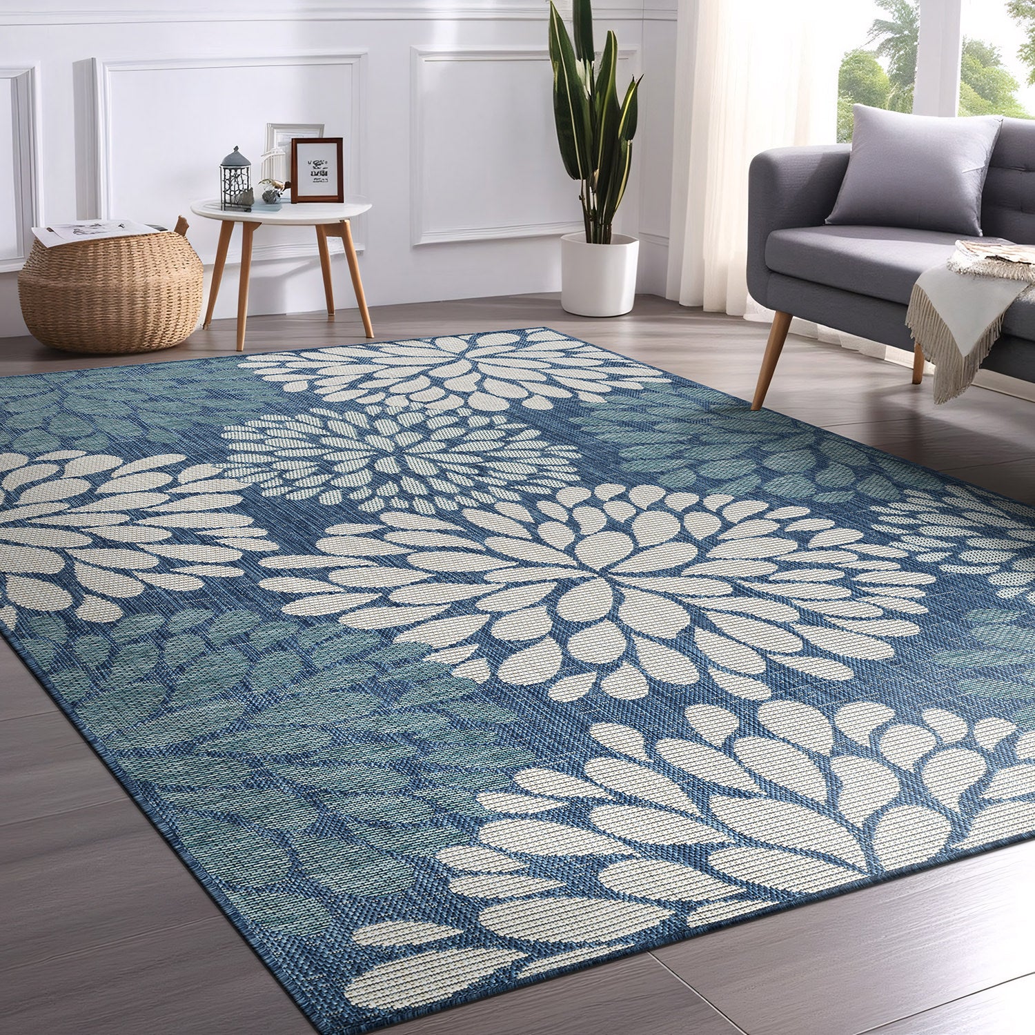 California Blue Floral Indoor Outdoor Rug