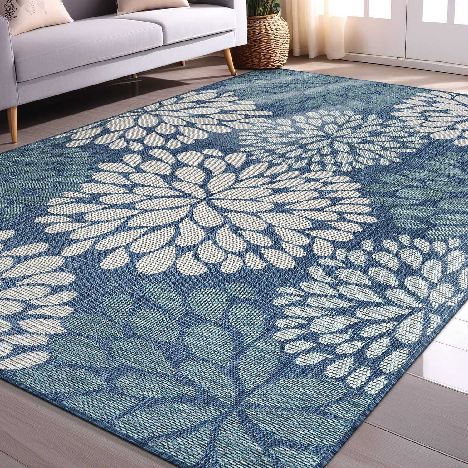 California Blue Floral Indoor Outdoor Rug