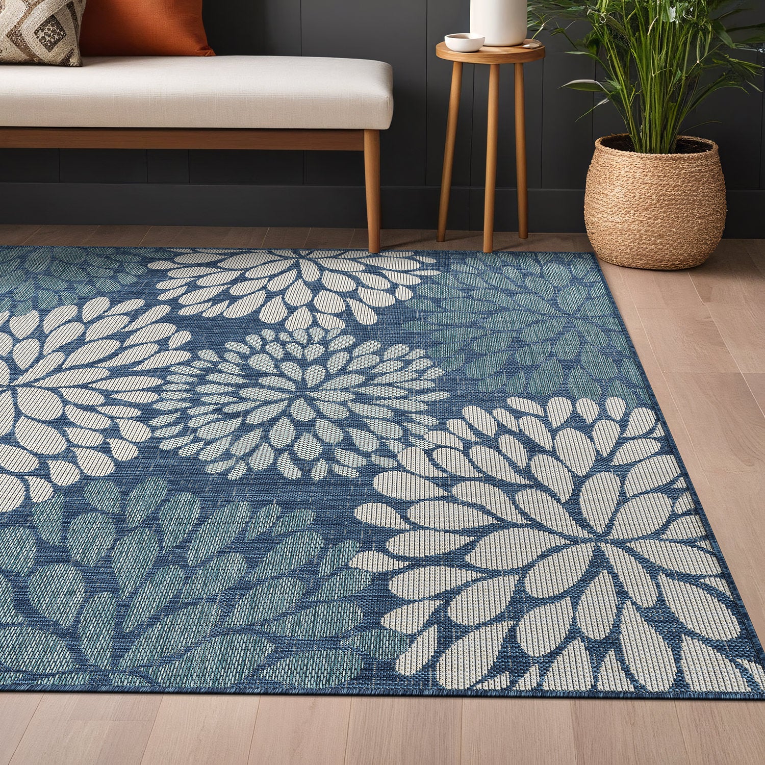 California Blue Floral Indoor Outdoor Rug