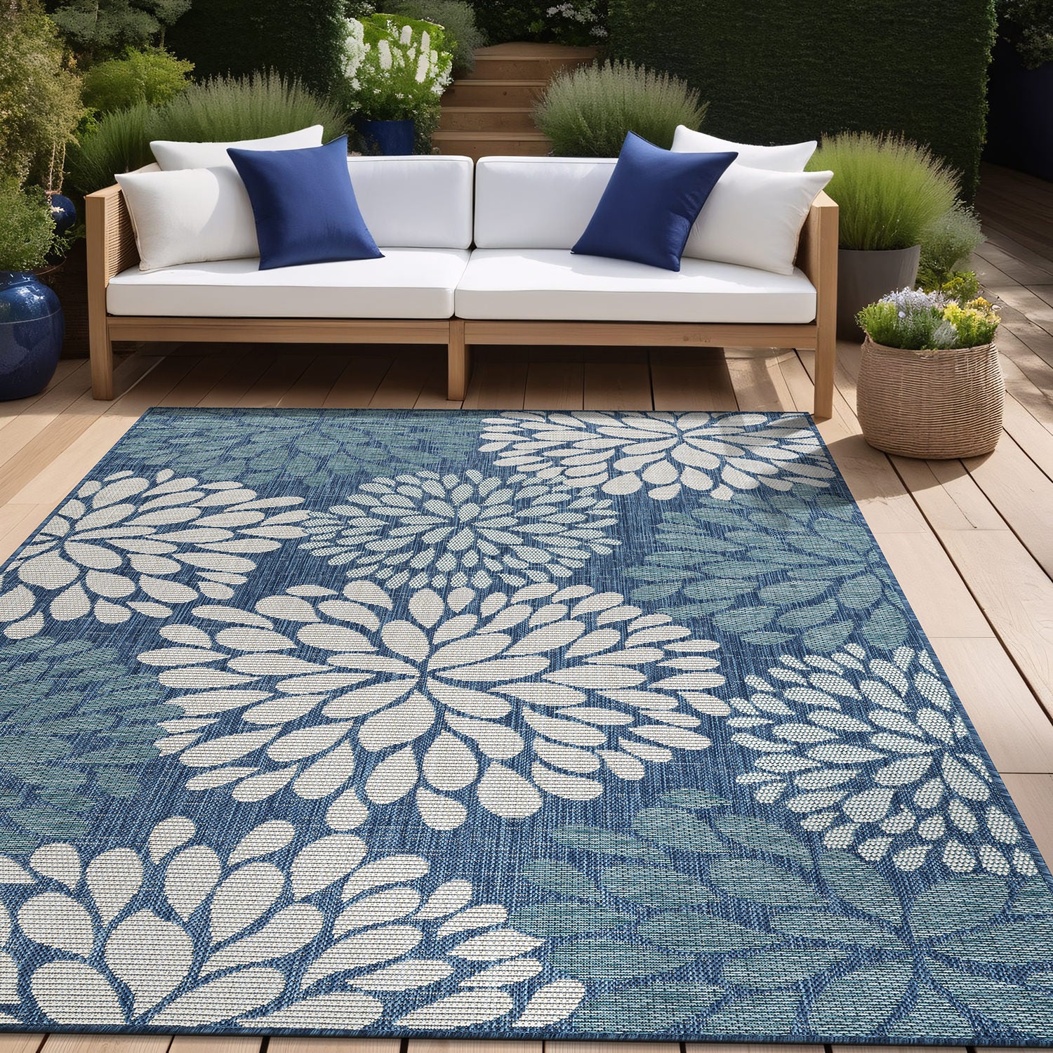 California Blue Floral Indoor Outdoor Rug