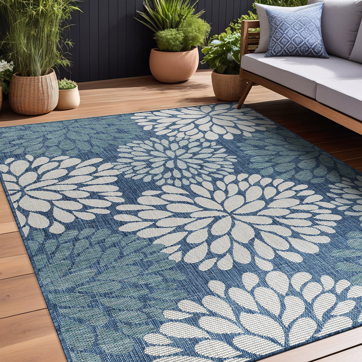 California Blue Floral Indoor Outdoor Rug