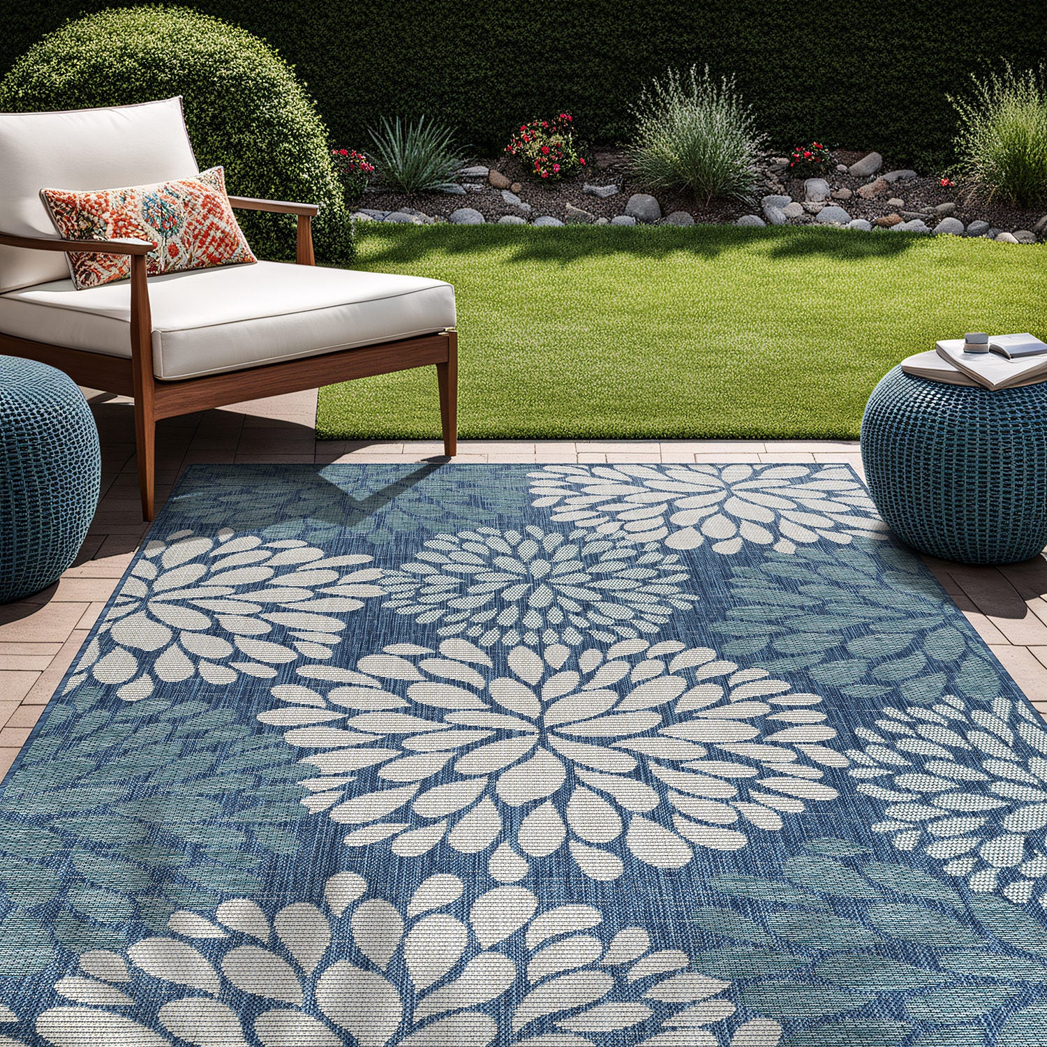 California Blue Floral Indoor Outdoor Rug