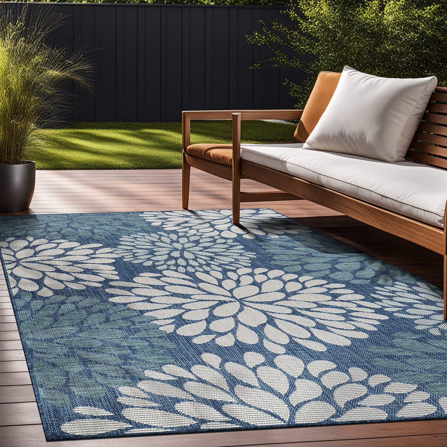 California Blue Floral Indoor Outdoor Rug