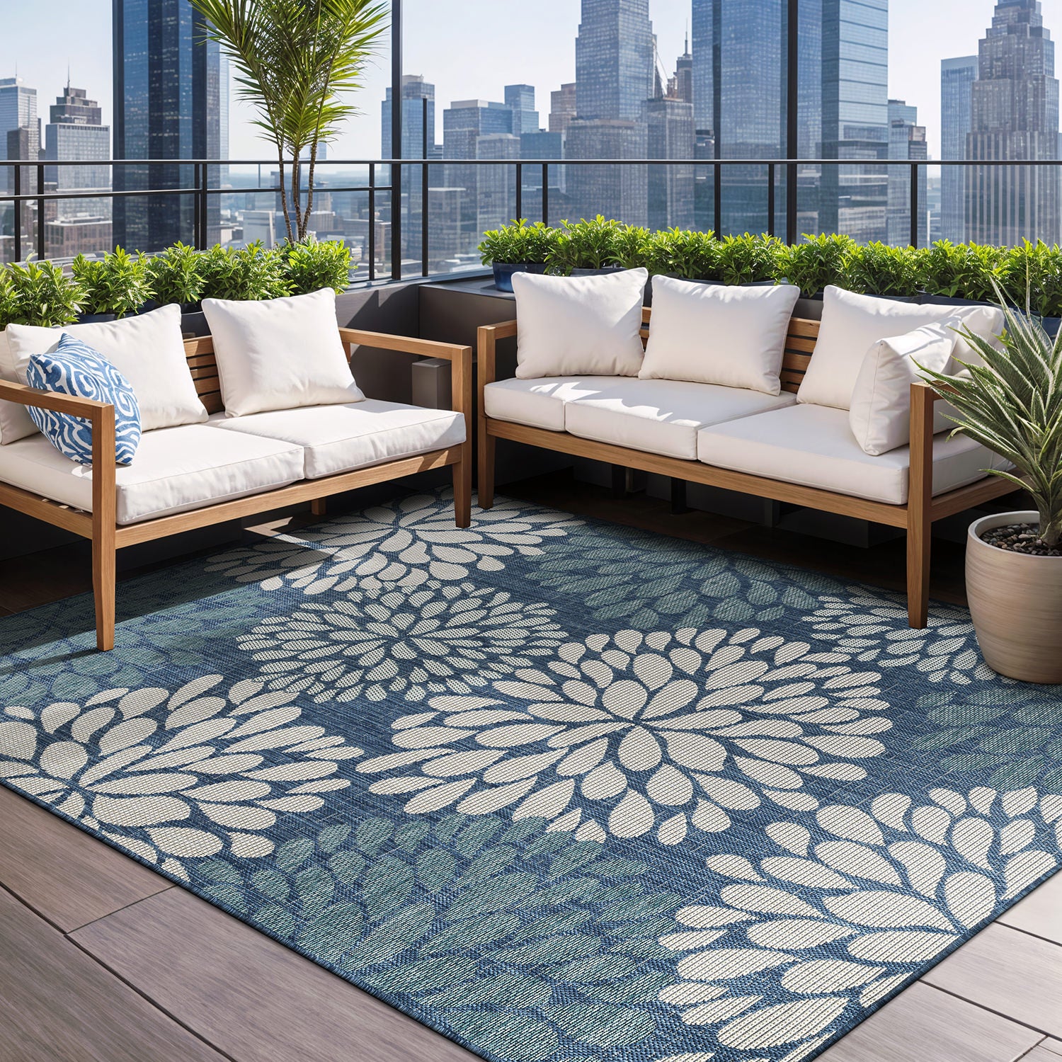 California Blue Floral Indoor Outdoor Rug