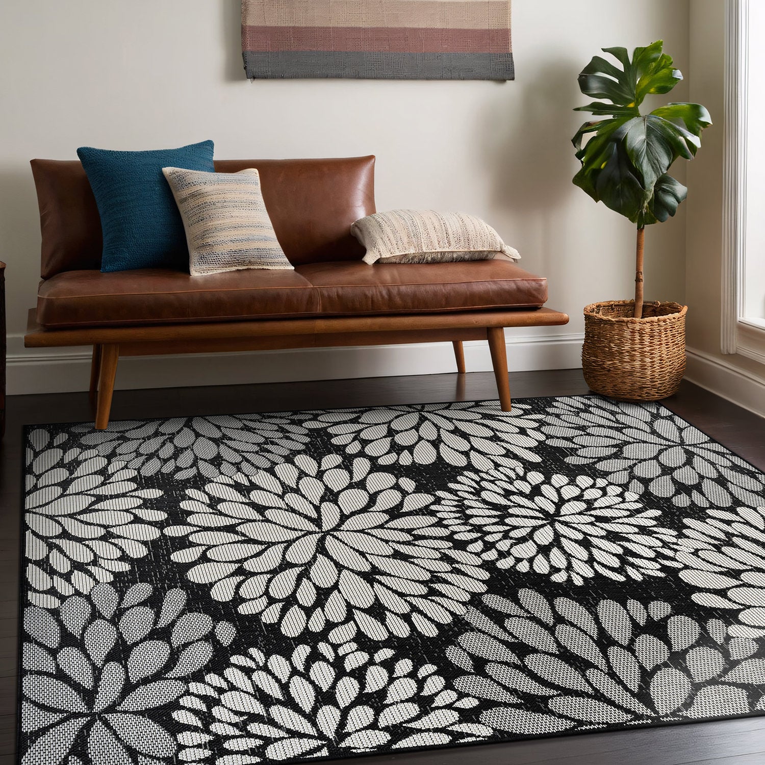 California Dark Gray Floral Indoor Outdoor Rug