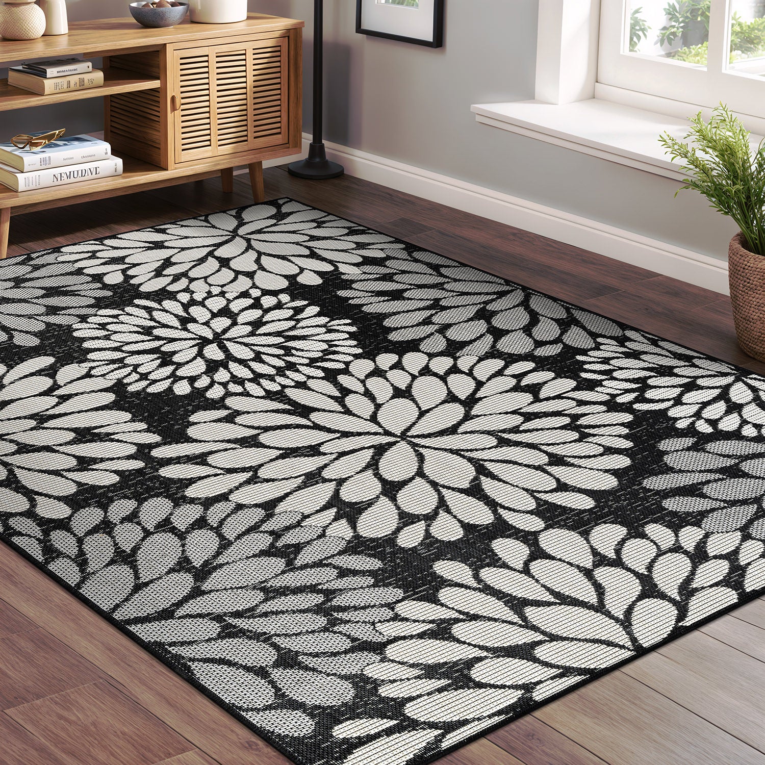 California Dark Gray Floral Indoor Outdoor Rug