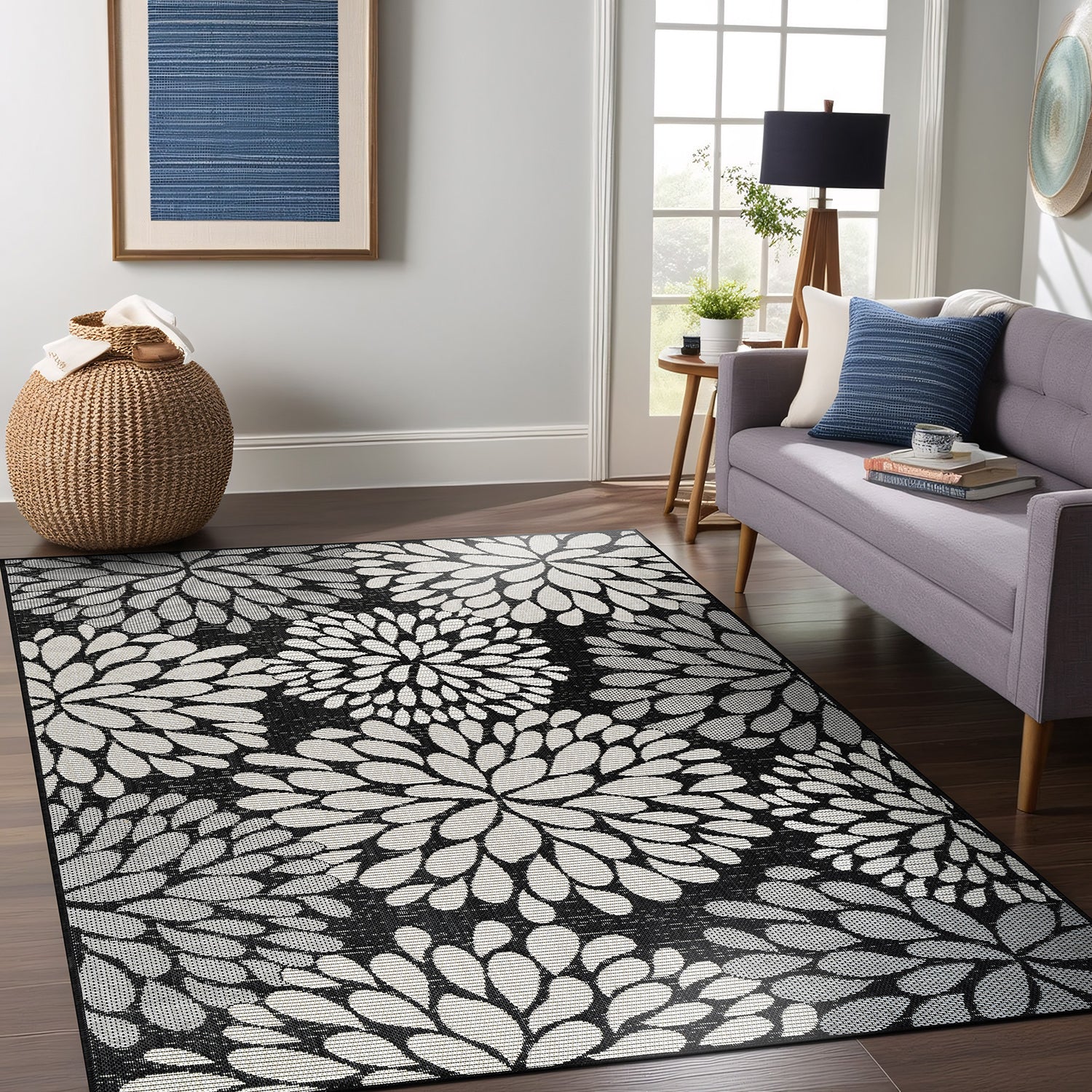 California Dark Gray Floral Indoor Outdoor Rug