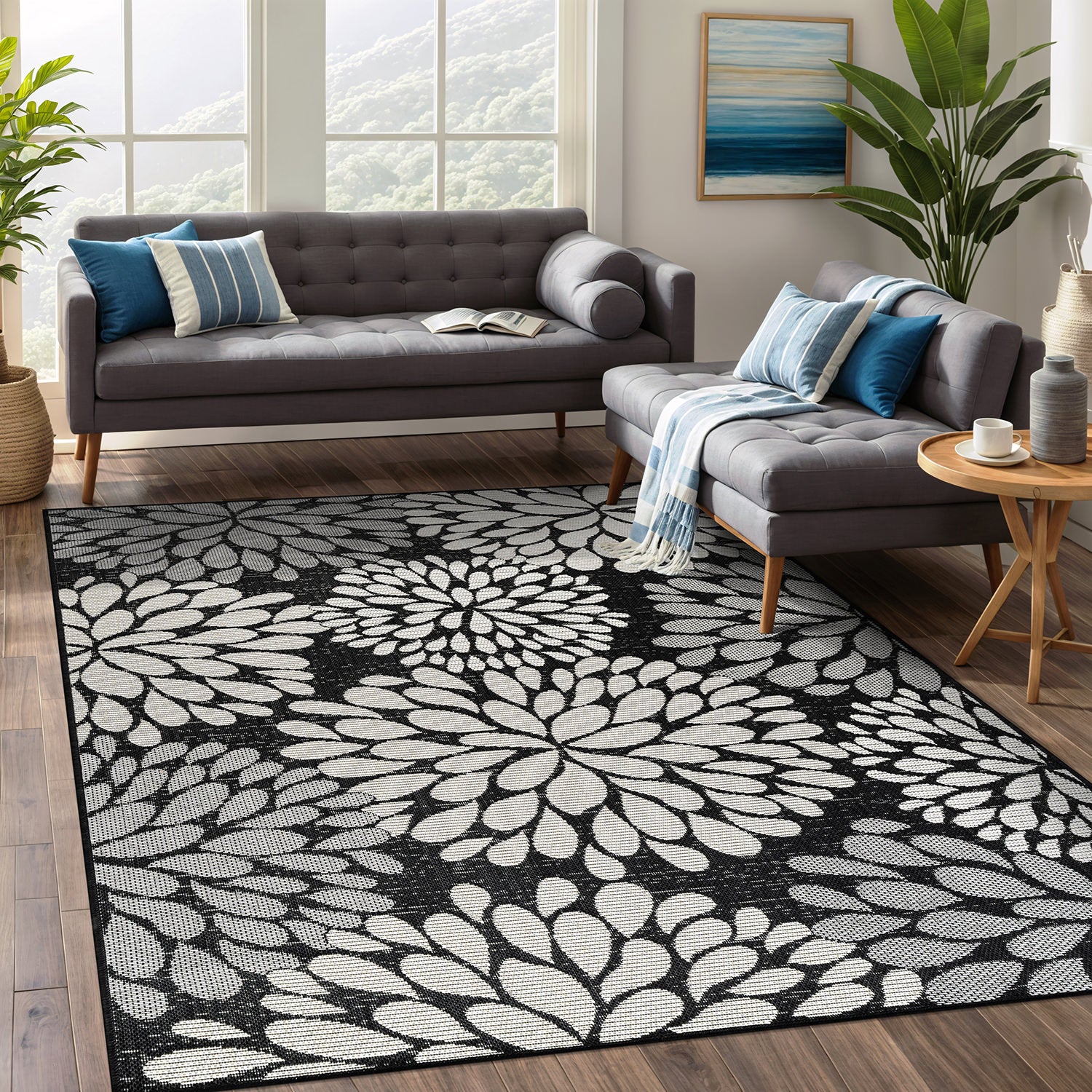 California Dark Gray Floral Indoor Outdoor Rug