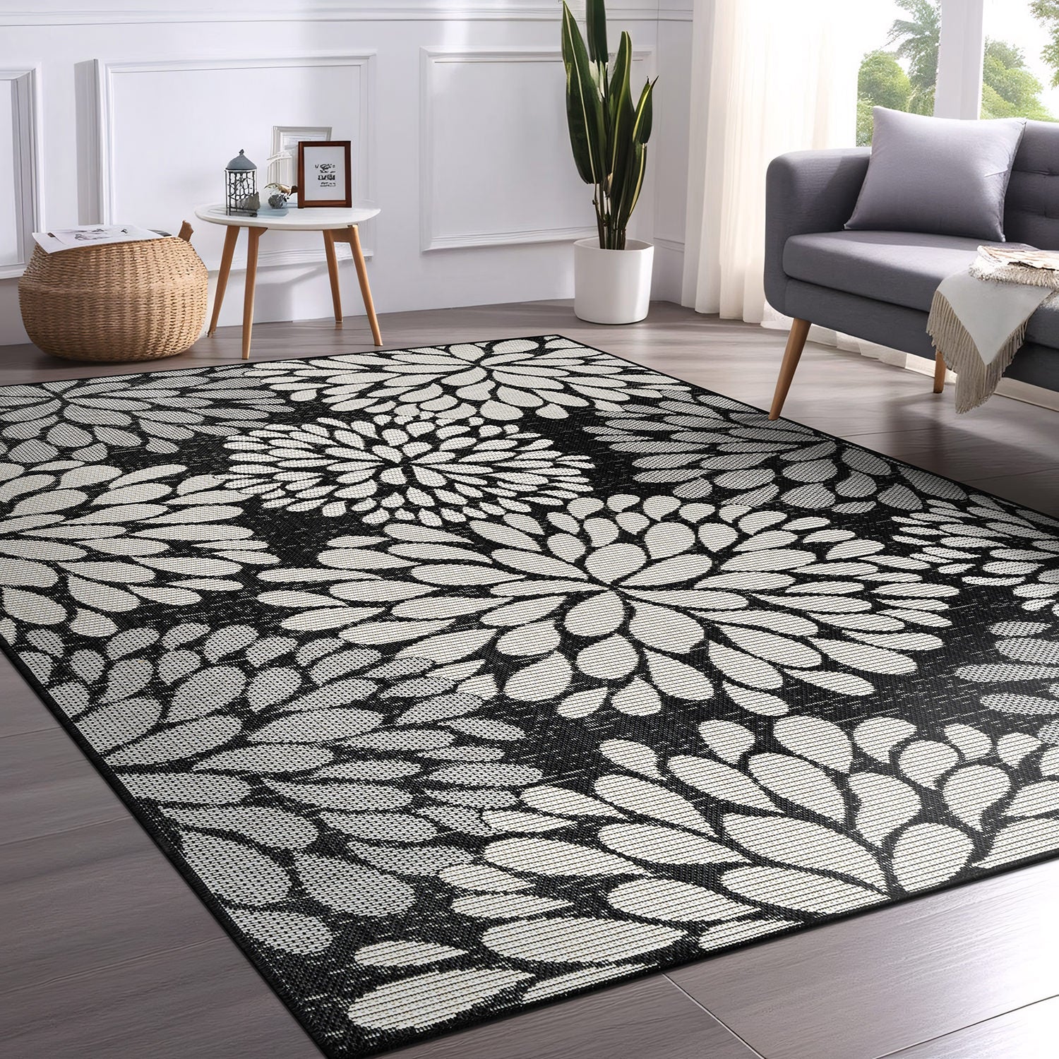 California Dark Gray Floral Indoor Outdoor Rug