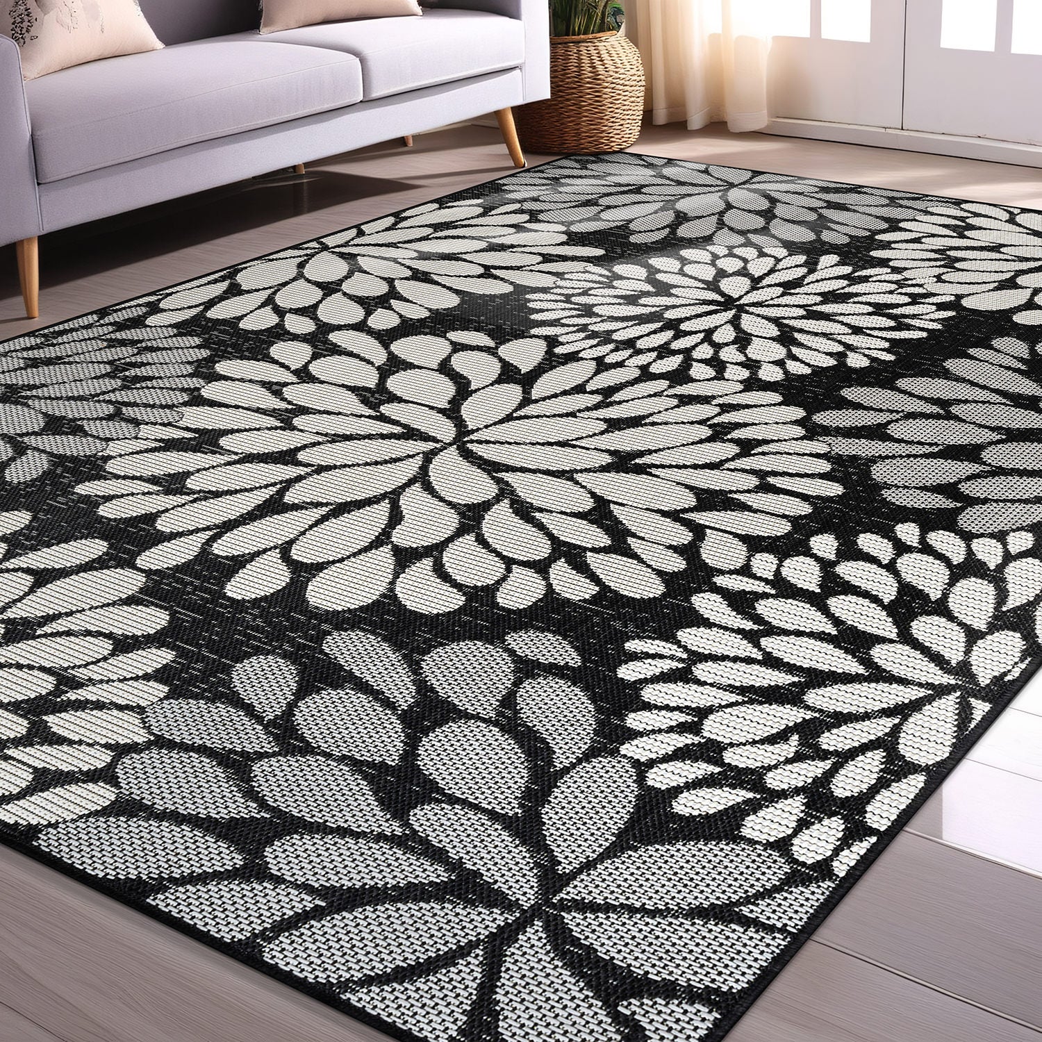 California Dark Gray Floral Indoor Outdoor Rug