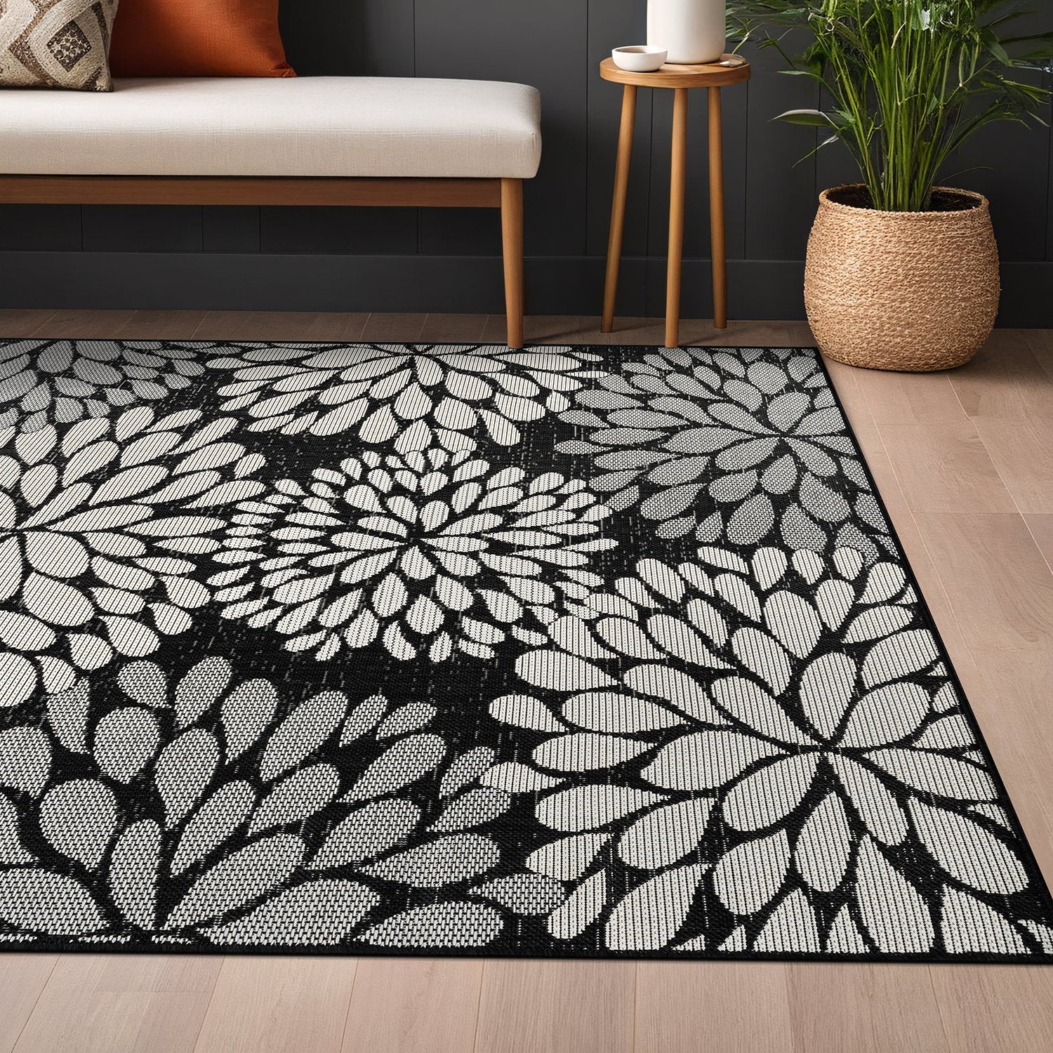 California Dark Gray Floral Indoor Outdoor Rug