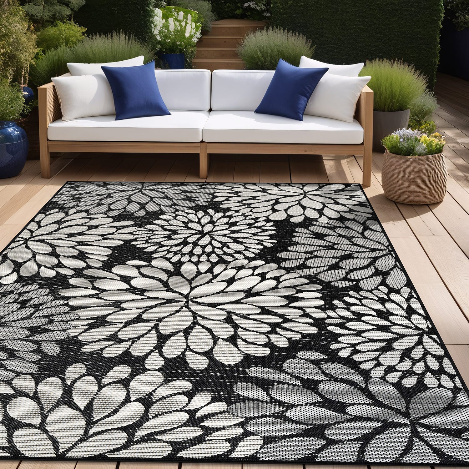 California Dark Gray Floral Indoor Outdoor Rug