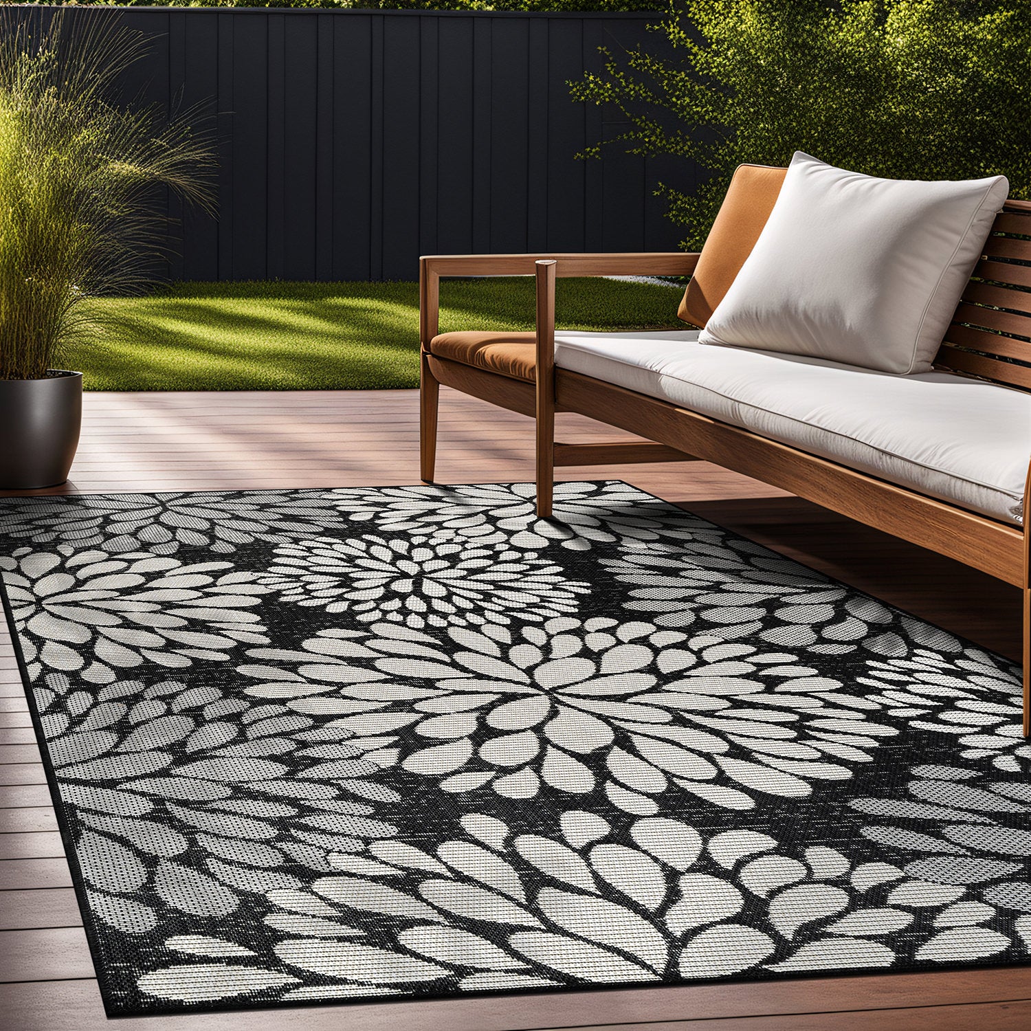 California Dark Gray Floral Indoor Outdoor Rug