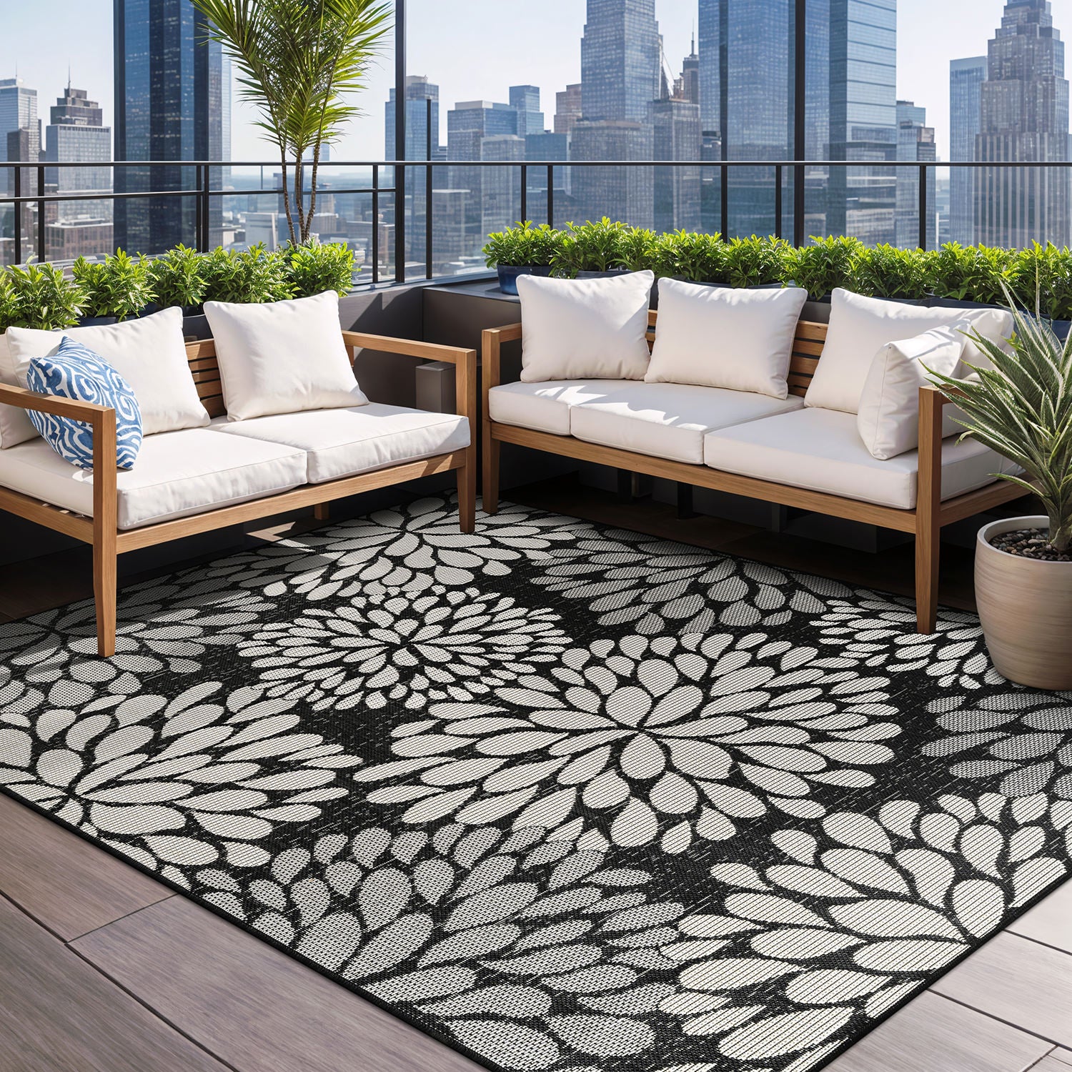 California Dark Gray Floral Indoor Outdoor Rug