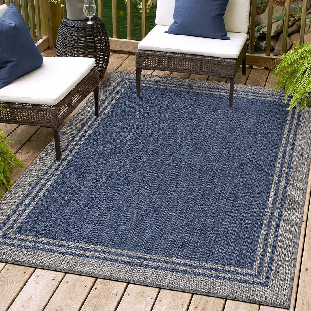 Aloha Azure Silver Bordered Washable Outdoor Area Rug