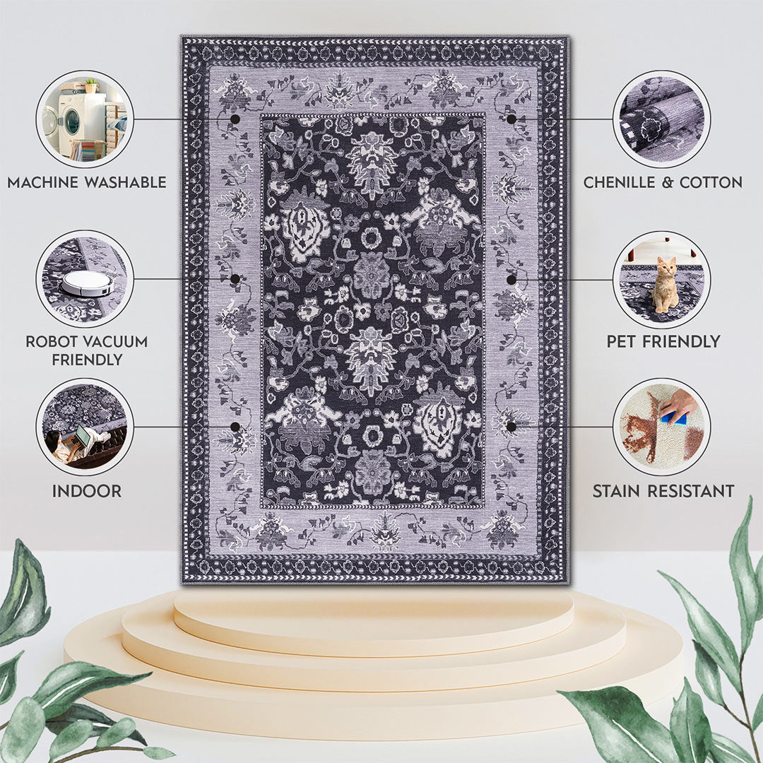 Stainfree Black Floral Washable Indoor Area Rug 5x7 8x10 9x12