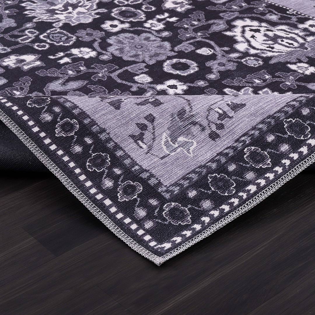 Stainfree Black Floral Washable Indoor Area Rug 5x7 8x10 9x12