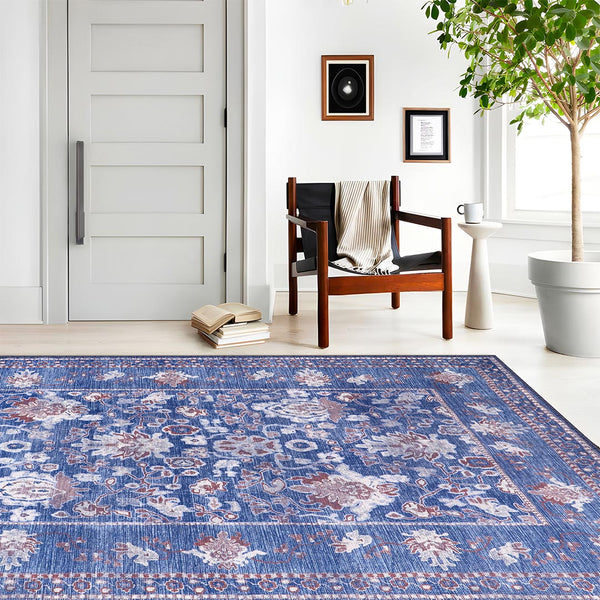 Stainfree Blue Floral Washable Indoor Area Rug 5x7 8x10 9x12