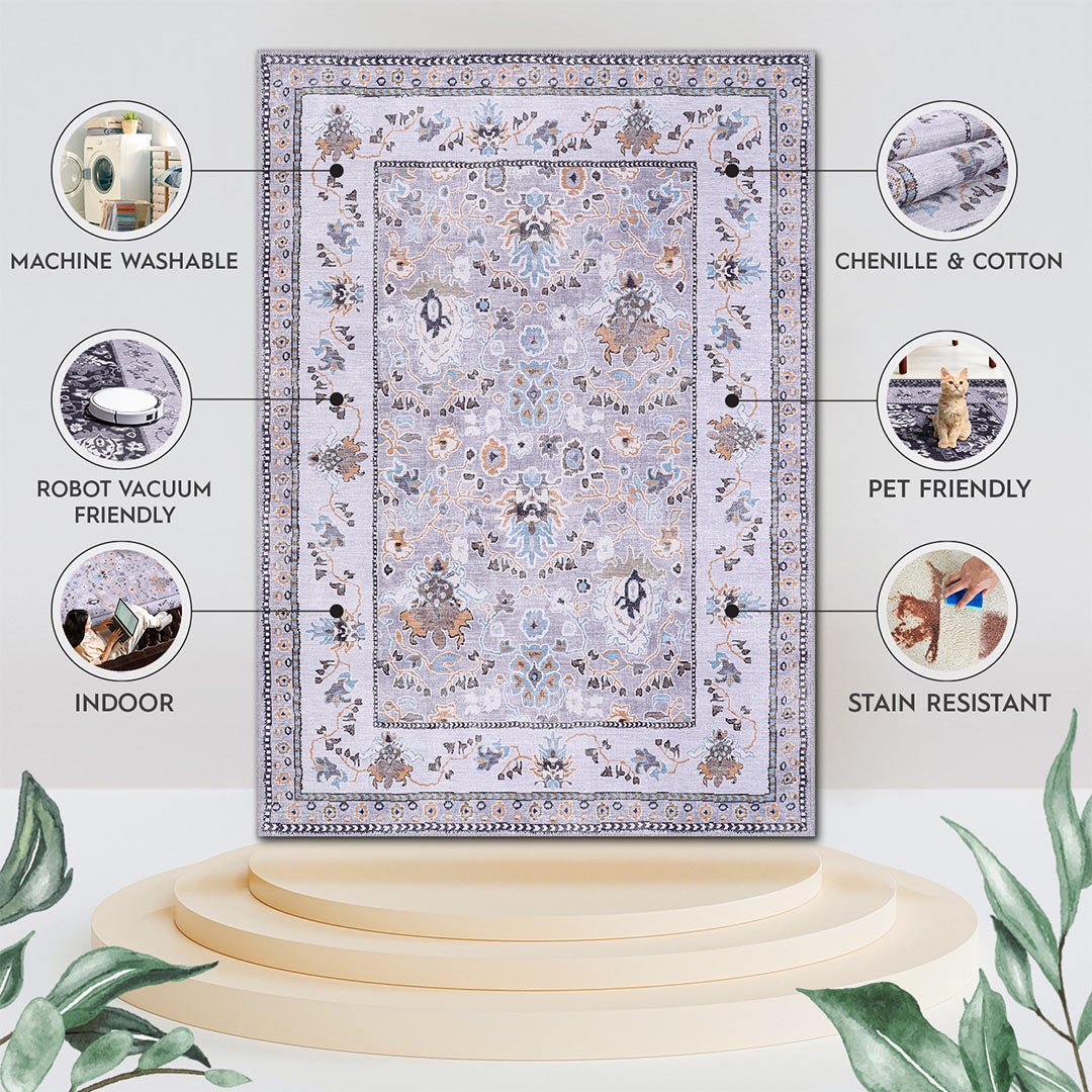 Stainfree Gray Floral Washable Indoor Area Rug 5x7 8x10 9x12