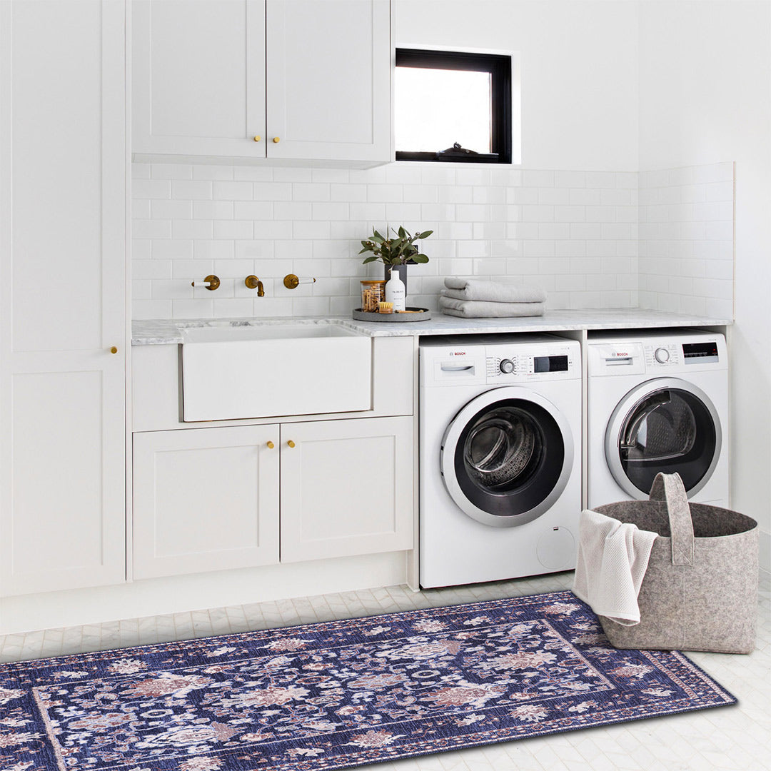 Stainfree Navy Floral Washable Indoor Area Rug 2x7