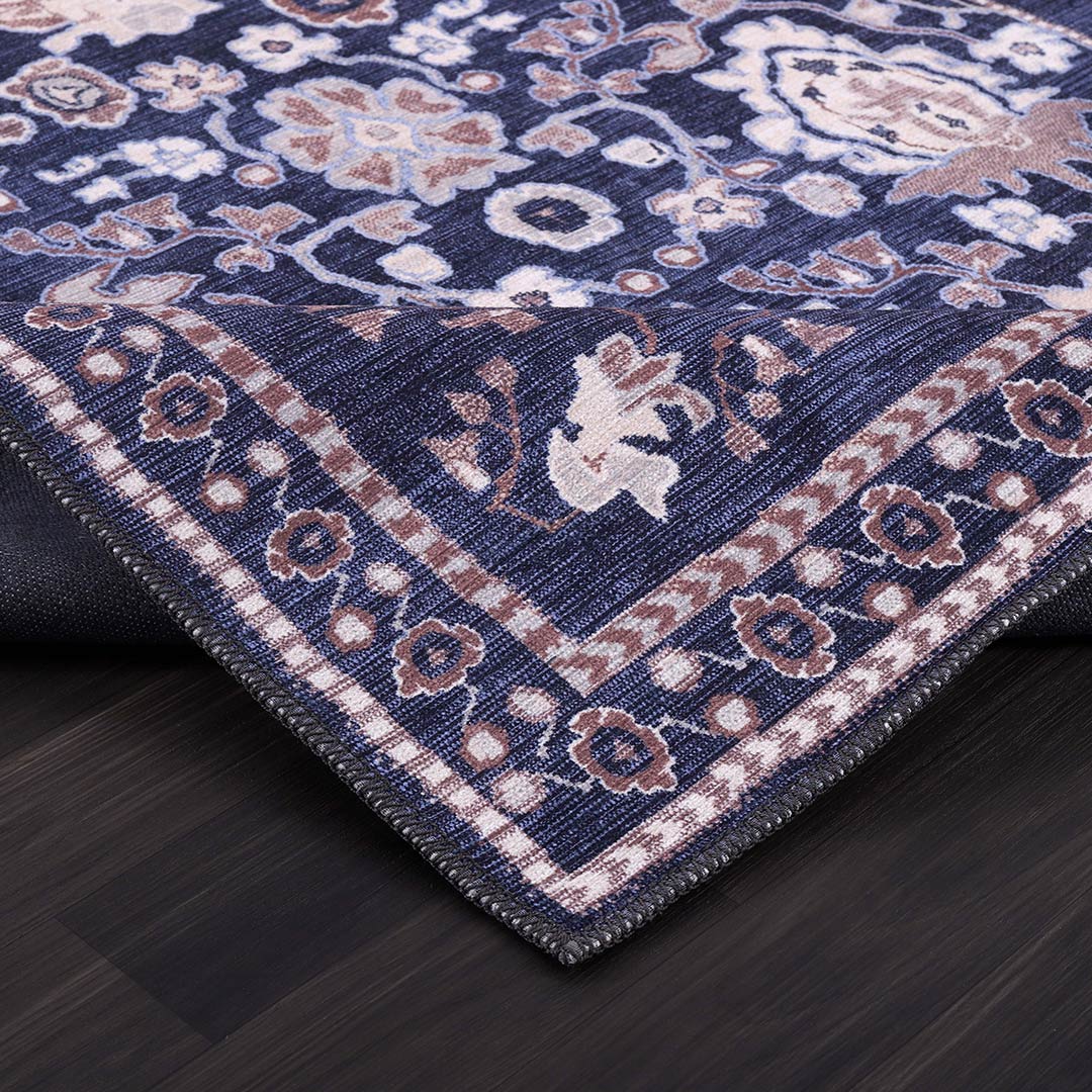 Stainfree Navy Floral Washable Indoor Area Rug 5x7 8x10 9x12