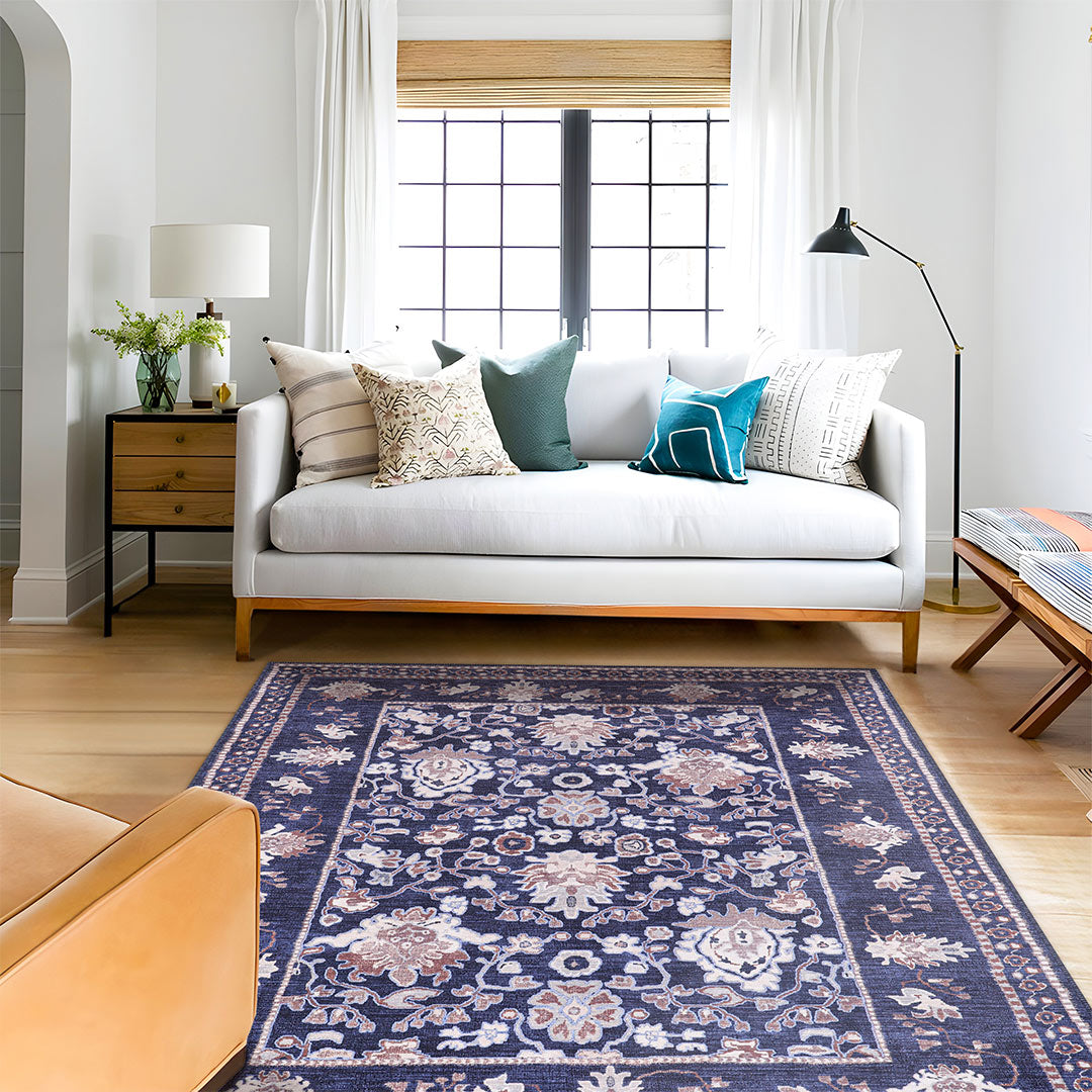 Stain Free Navy Floral Washable Indoor Area Rug 5x7 8x10 9x12