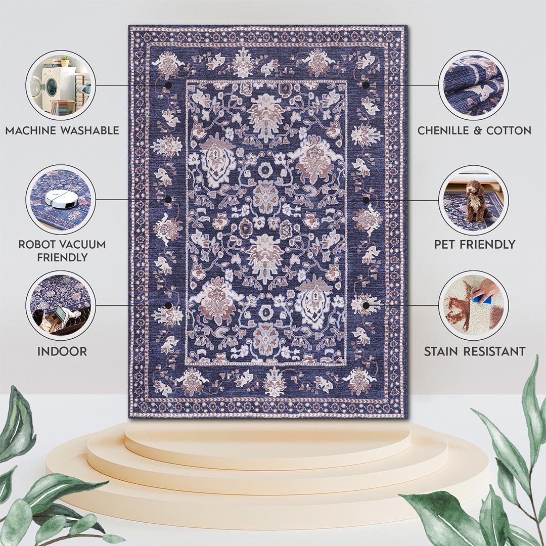 Stainfree Navy Floral Washable Indoor Area Rug 5x7 8x10 9x12