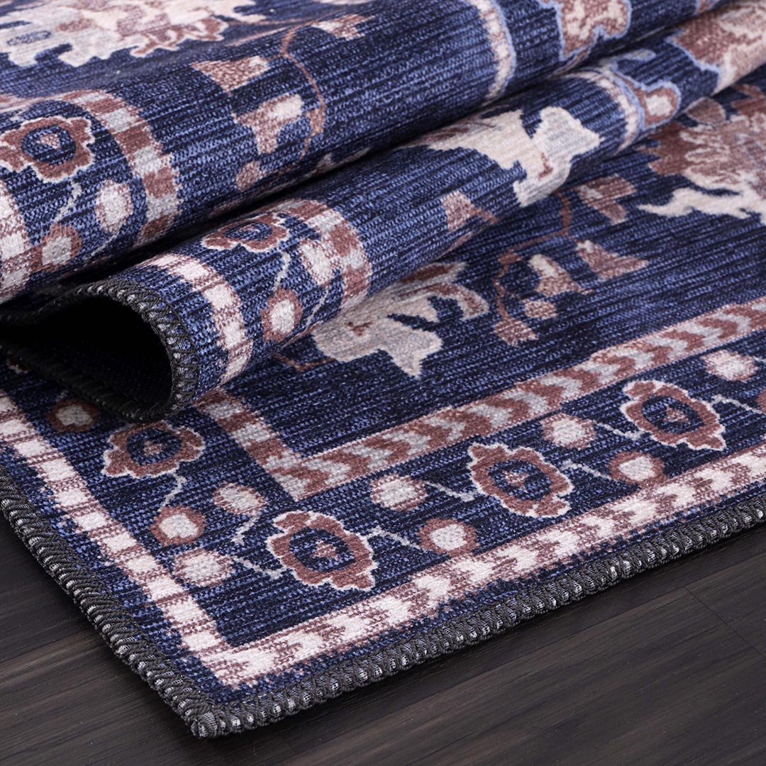 Stainfree Navy Floral Washable Indoor Area Rug 5x7 8x10 9x12