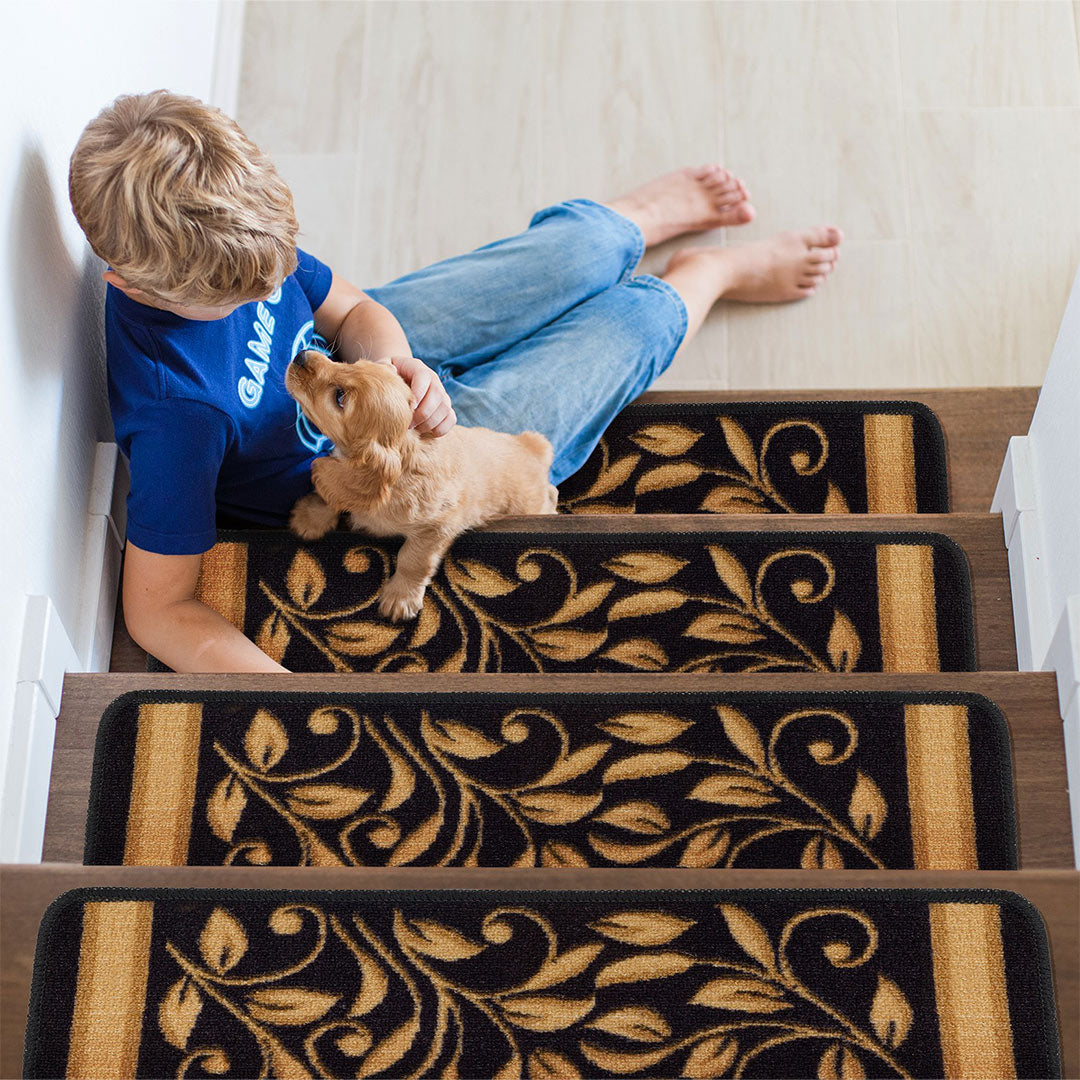 Non-Slip black Indoor Stair Treads Floral set of 8 set of 15