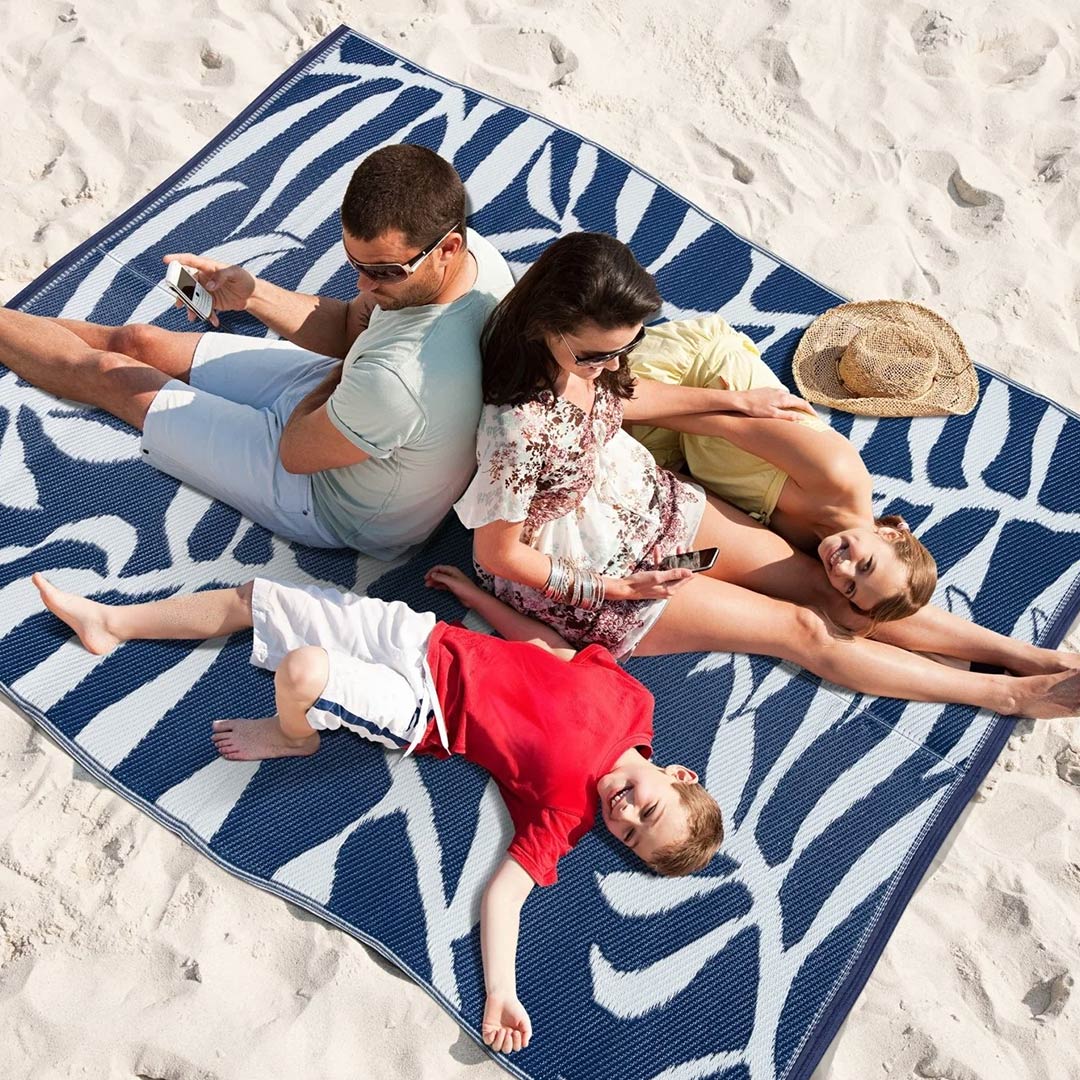 Waterproof Blue Plastic Outdoor Rug Floral Leaf 8x10 10x13