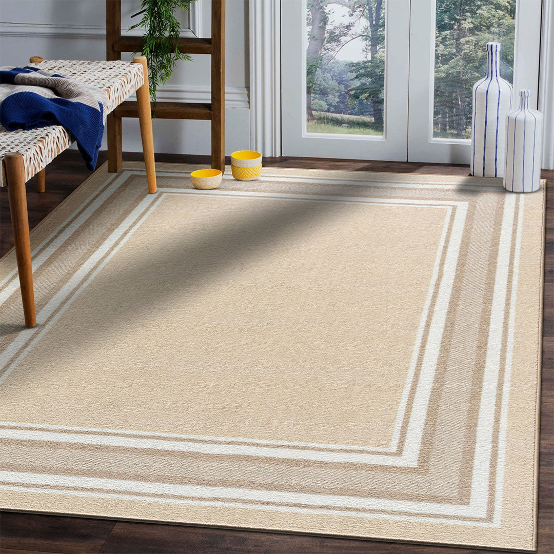 Beige Indoor rug Non slip 8x10 area rug living room Modern bordered indoor area rug 3x5 5x7