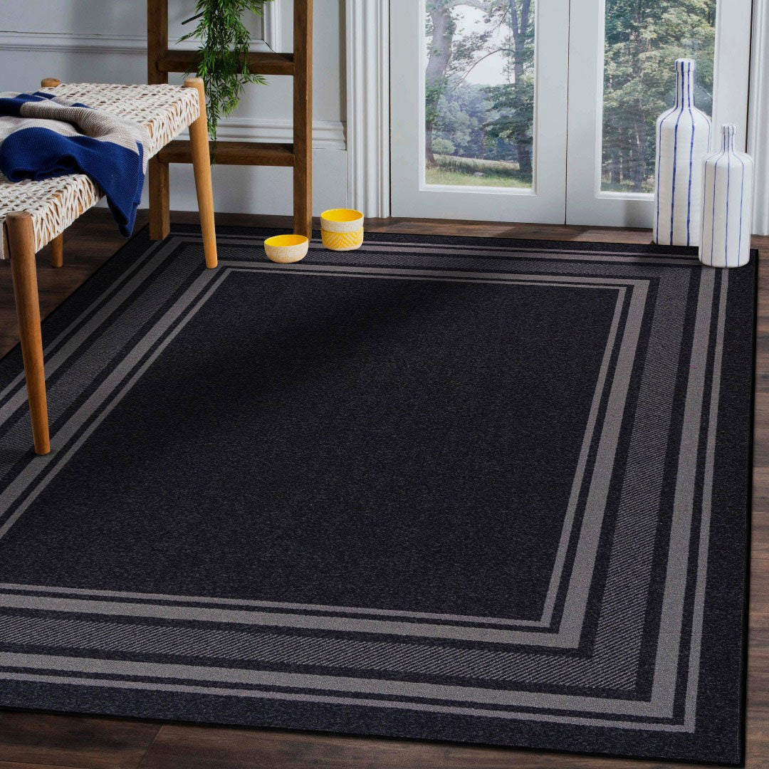 Black Indoor rug Non slip 8x10 area rug living room Modern bordered indoor area rug 3x5 5x7