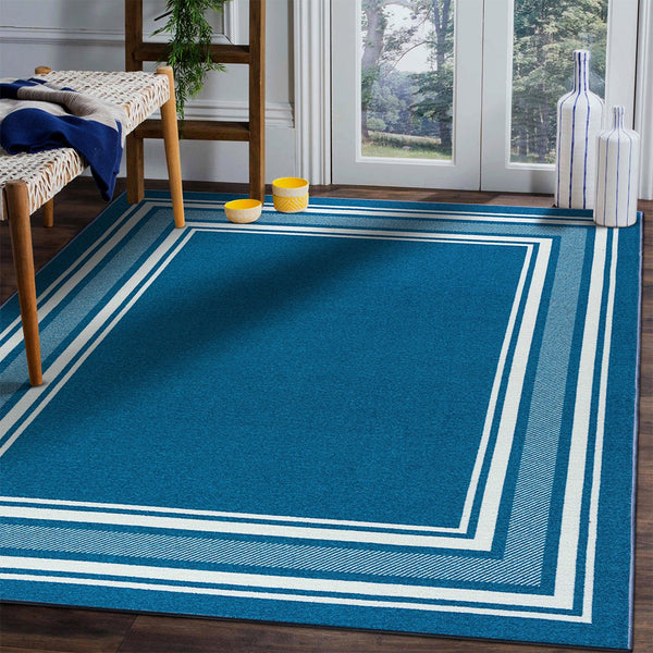 Blue Indoor rug Non slip 8x10 area rug living room Modern bordered indoor area rug 3x5 5x7