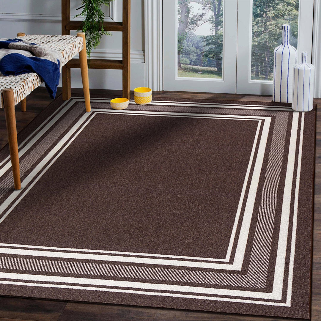 Brown Indoor rug Non slip 8x10 area rug living room Modern bordered indoor area rug 3x5 5x7 