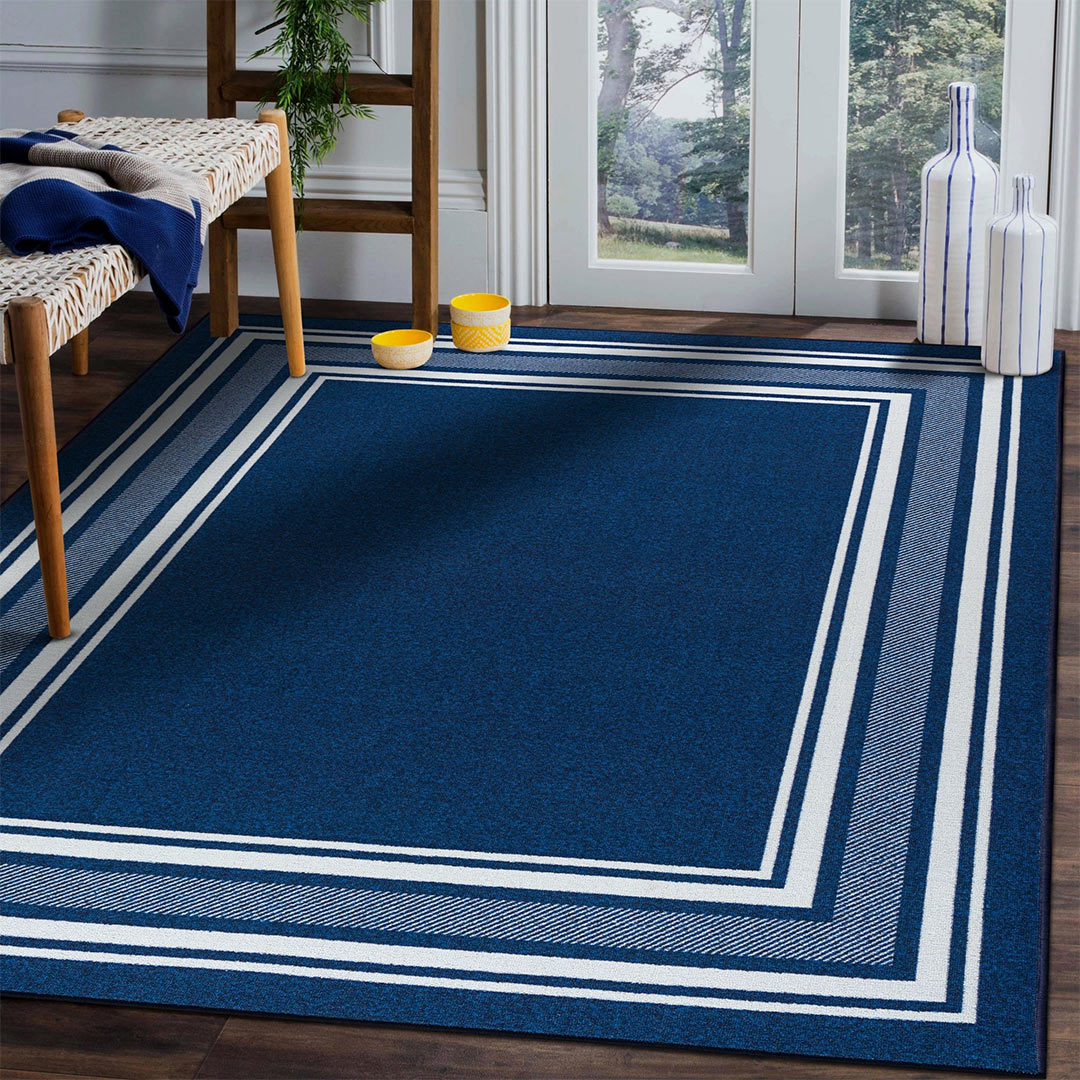 Navy Indoor rug Non slip 8x10 area rug living room Modern bordered indoor area rug 3x5 5x7