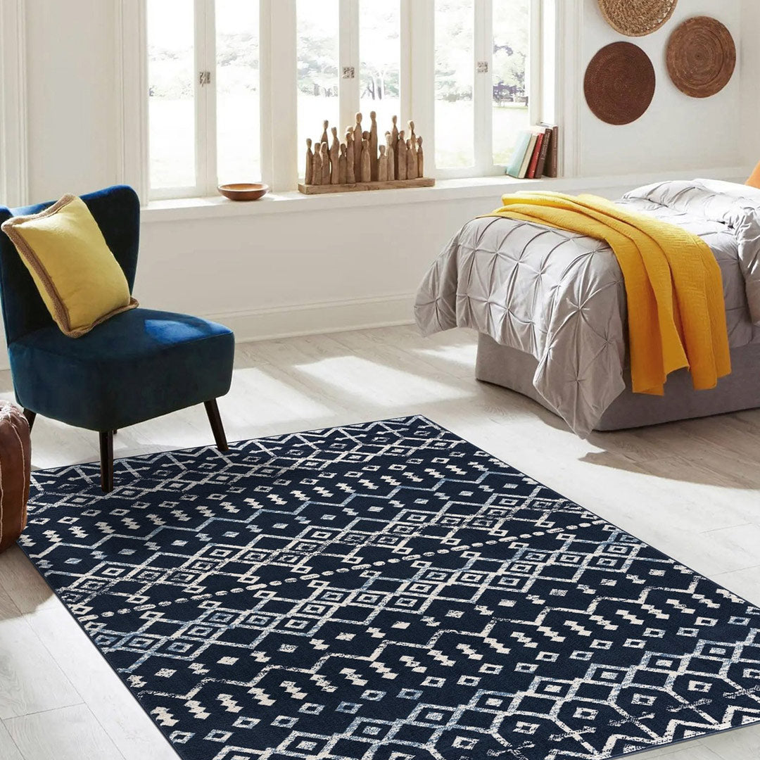 Dark Blue Trellis Indoor Area Rug Moroccan 8x10