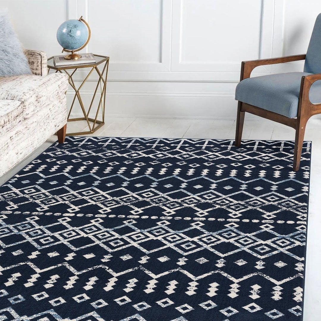 Dark Blue Trellis Indoor Area Rug Moroccan 8x10