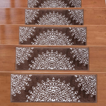 Valencia Brown Medallion Non-Slip Stair Treads Rug-Setof7