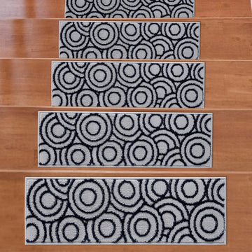 Valencia Navy Circles Non-Slip Stair Treads Rug-Setof7