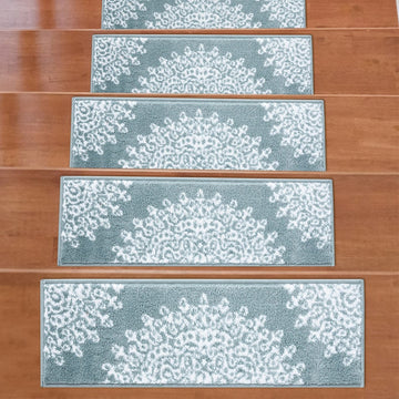 Valencia Teal Medallion Non-Slip Stair Treads Rug-Setof13