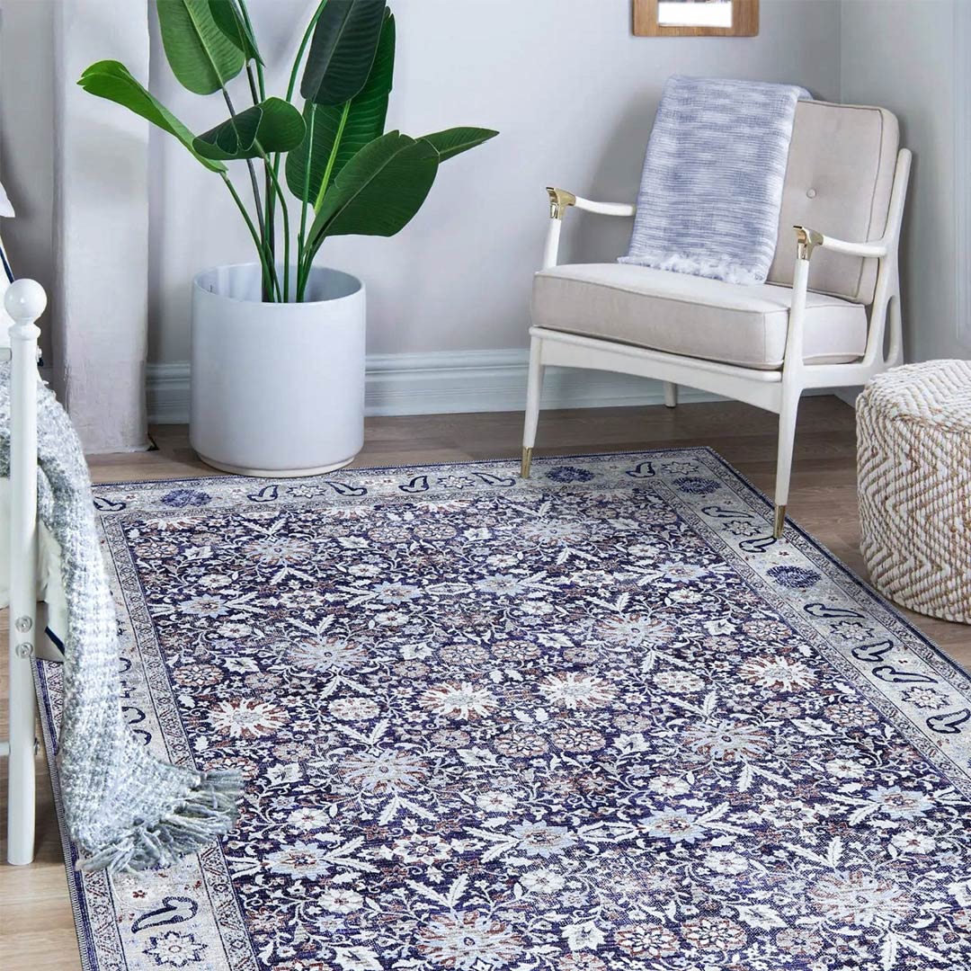Machine Washable Blue Indoor Area Rug Traditional 8x10 9x12