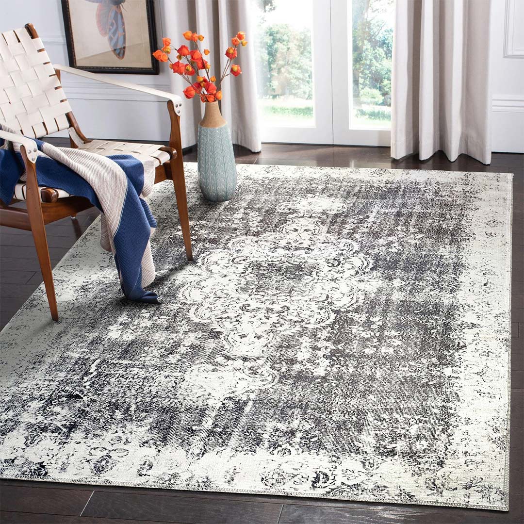 Machine Washable Gray Area Rug Medallion 8x10 9x12
