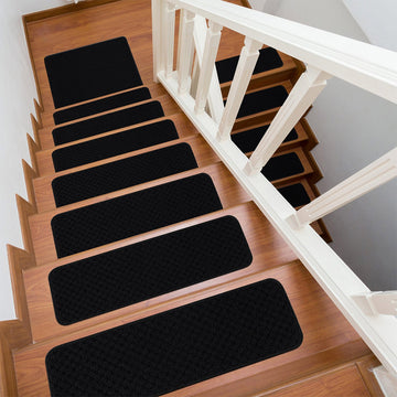 Waffle Black Solid Non-Slip Stair Treads Rug-Setof15