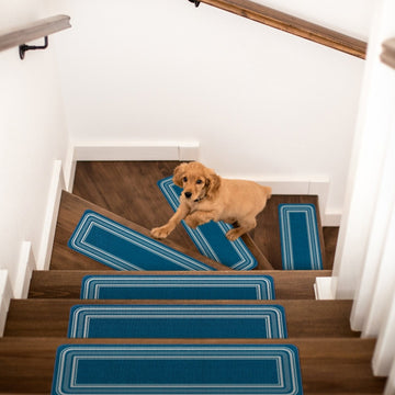 Carmel Blue Bordered Non-Slip Stair Treads Rug-Setof8