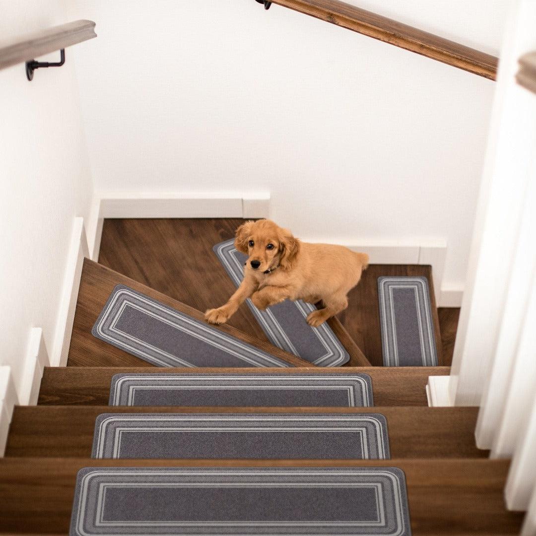 Carmel Gray Bordered Non-Slip Stair Treads Rug