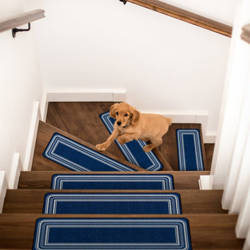 Carmel Navy Bordered Non-Slip  Stair Treads Rug-32x32