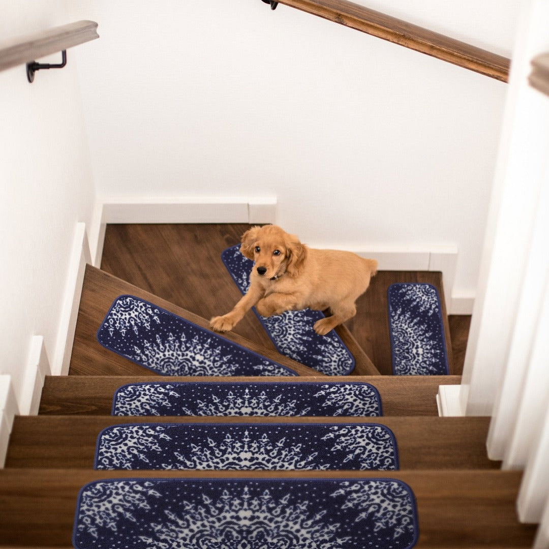 Rania Navy Medallion Non-Slip Stair Treads Rug