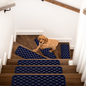 Rania Navy Trellis Non-Slip Stair Treads Rug-Setof15